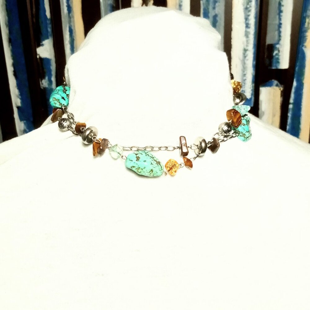 SOLD!! Vintage Boho Bohemian 2 Strand Silver and Turquoise Necklace, 21.5" Long